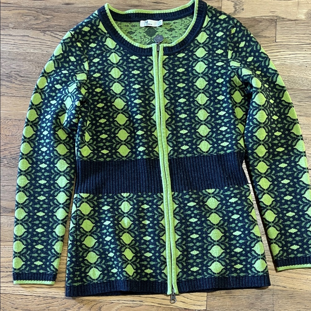 Neve 100% Wool Patterned Lime Green and Black Zip-Front Cardigan Sweater